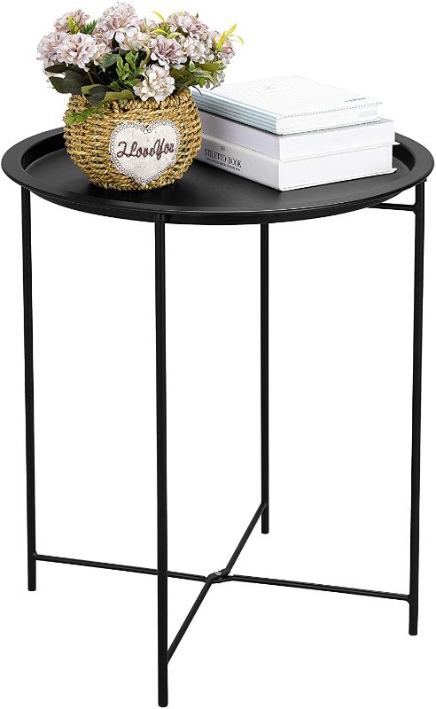 Photo 1 of Finnhomy Folding Tray Side Table, Metal Side Table, Sofa End Table, Snack Round Table, Accent Coffee Table,Night Stands, Anti-Rust and Waterproof, Multi-use for Living Room/Bedroom/Balcony, Black
