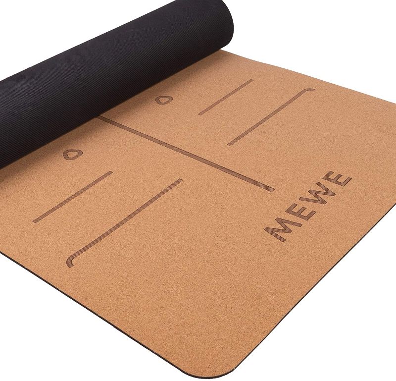 Photo 1 of  Cork Yoga Mat - Natural Rubber Non Slip, Soft, Sweat Resistant 72" x 24" Thicker, Longer, and Wider Tough Enough For Hot Yoga Workout and Floor Exercises, Optional Built-in Pose Alignment Lines, 5mm Thick
