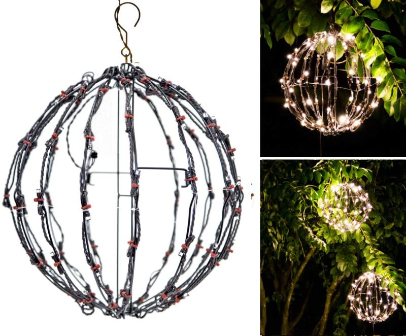 Photo 1 of Elf Logic - 12" Outdoor LED Light Ball - Hanging Tree Globe Light - Use as Outdoor Light Ball - Fold Flat Metal Ball Light Frame (Plug in with Timer, 12 Inch)
