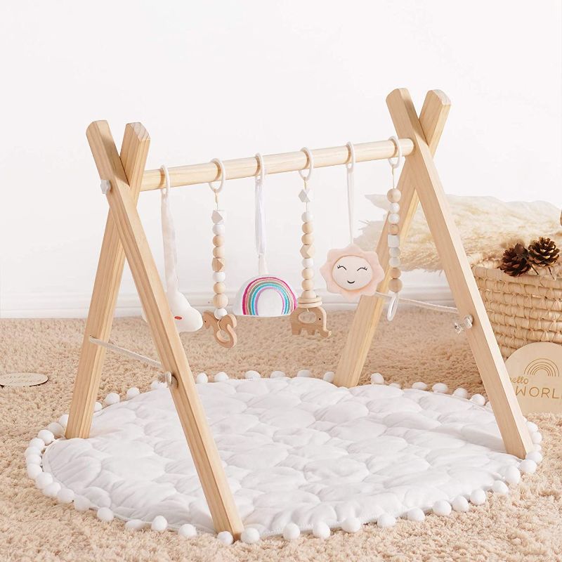 Photo 1 of Wooden Baby Gym with 3 Wooden Baby Toys Foldable Baby Play Gym Frame Activity Gym Hanging Bar Newborn Gift Baby Girl and Boy Gym