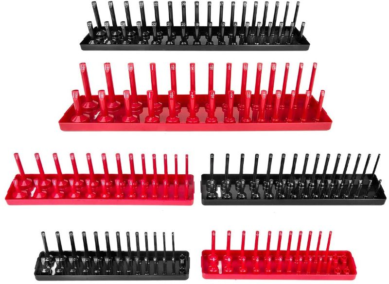 Photo 1 of 6PCS Socket Organizer Tray Set, Red SAE & Black Metric Socket Storage Trays, 1/4-Inch, 3/8-Inch & 1/2-Inch Drive Deep and Shadow Socket Holders for Toolboxes
