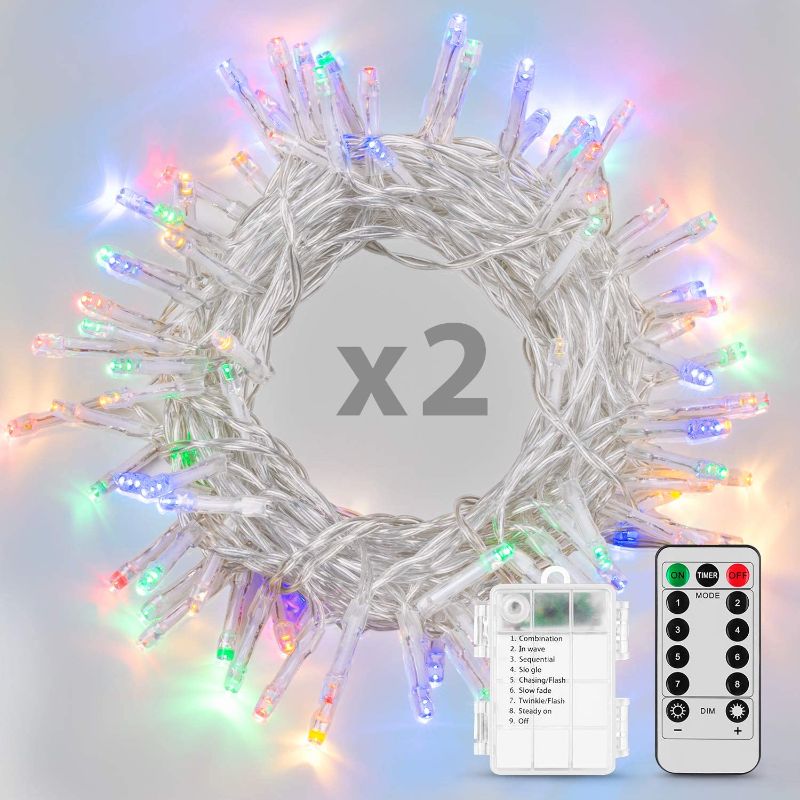 Photo 1 of Koxly String Lights, 2 Pack Battery Operated String Lights with Remote Timer Waterproof 8 Modes 36ft 100 LED String Lights for Bedroom,Garden,Party,Xmas Tree Indoor Outdoor Decorations, Multicolor
