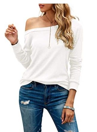 Photo 1 of HIYIYEZI Women's Long Sleeve Boat Neck Off Shoulder Blouse Tops- White- Medium
