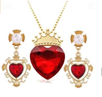 Photo 1 of IDOXE Queen of Hearts Necklace 925 Sterling Silver Chain January Birthstone Evie Red Heart Toy Princess Halloween Accessories Jewelry Valentine's Gift for Her (Golden-Necklace Earring)
