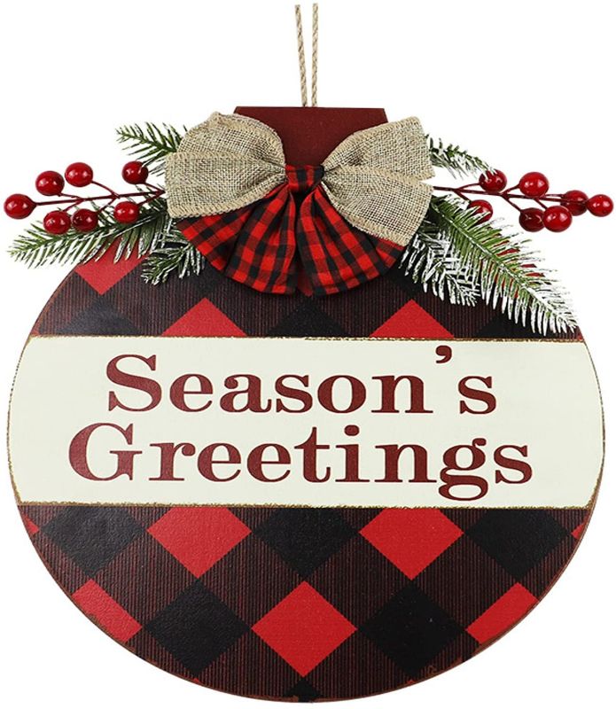 Photo 1 of Christmas Wreaths for Front Door, 12 inch Season’s Greeting Wooden Sign, Rustic Farmhouse Hanging Door Sign, Christmas Decorations for Front Door Home Window Wall Porch
