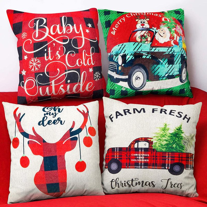 Photo 1 of BININBOX Christmas Pillow Covers Set of 4 18x18 Inches Holiday Throw Pillow Covers Linen Christmas Tree Snowman Reindeer Santa Decorative Christmas Pillowcase
