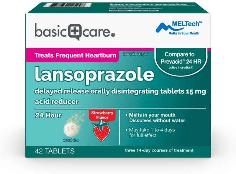 Photo 1 of Amazon Basic Care Lansoprazole Delayed Release Orally Disintegrating Tablets 15 mg, Acid Reducer, Strawberry Flavor, 42 Count
