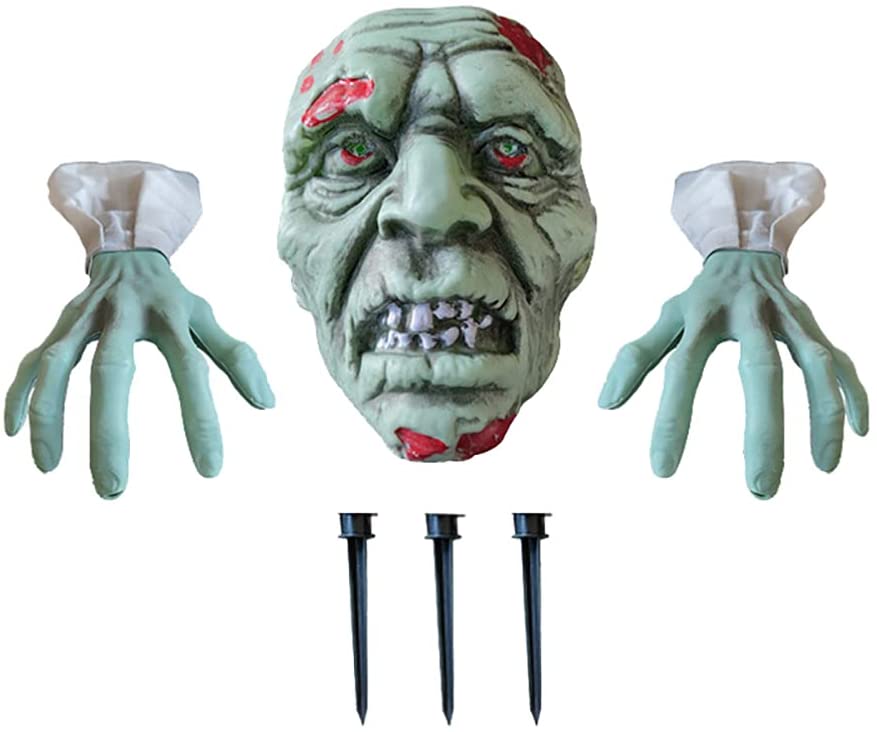 Photo 1 of Amosfun 3 Pcs Zombie Head Fake Skeleton Hands Set Plastic Skull Figurine Garden Stake Human Claw Hand Skeleton Model Yard Sign Scary Haunted House Decoration Green
