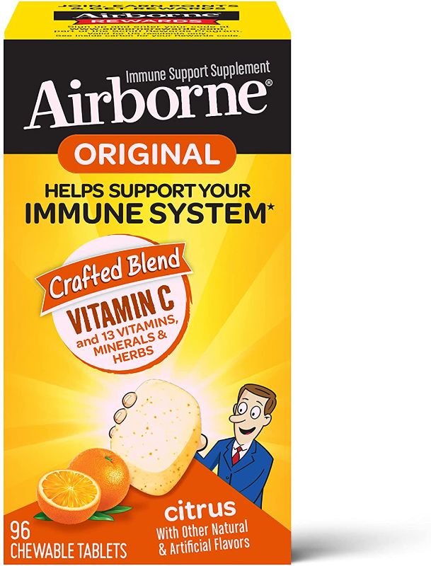 Photo 1 of Airborne 1000mg Vitamin C Chewable Tablets with Zinc, Immune Support Supplement with Powerful Antioxidants Vitamins A C & E - (96 count bottle), Citrus Flavor, Gluten-Free
EXP:03/2022