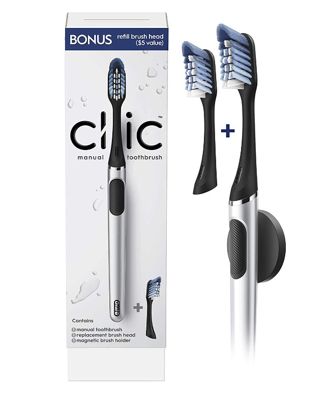Photo 1 of Oral-B Clic Manual Toothbrush, Chrome Black, with 1 Bonus Replacement Brush Head and Magnetic Toothbrush Holder
