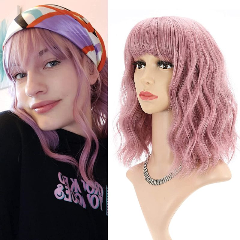 Photo 1 of FAELBATY Short Pink Wigs With Bangs Shoulder Length Pink Wig For Women Curly Wavy Synthetic Cosplay Wig Pastel Wig for Girl Costume Wigs(12" Pink)