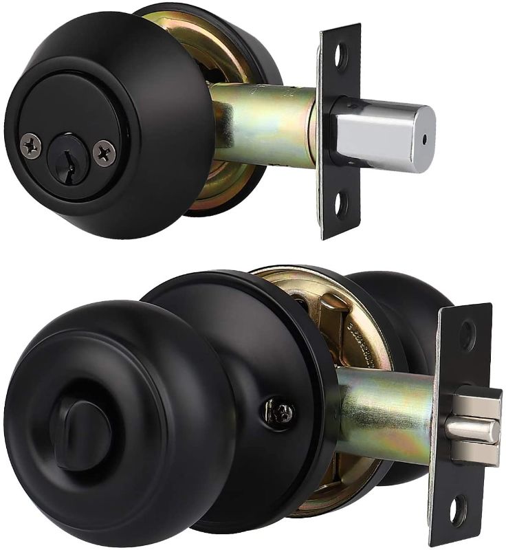 Photo 1 of 1 Pack Matte Black Entry Door Knobs with Matching Double Cylinder Deadbolt Combo Pack, Keyed Alike Door Lockset, Reversible for Right and Left Handed