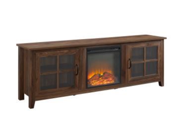Photo 1 of 70" Farmhouse Wood Fireplace TV Stand with Glass Doors - Dark Walnut
