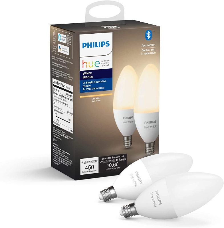 Photo 1 of Philips Hue White 2-Pack LED Smart Candle, Bluetooth & Zigbee Compatible (Hue Hub Optional),Works with Alexa & Google Assistant – A Certified for Humans Device