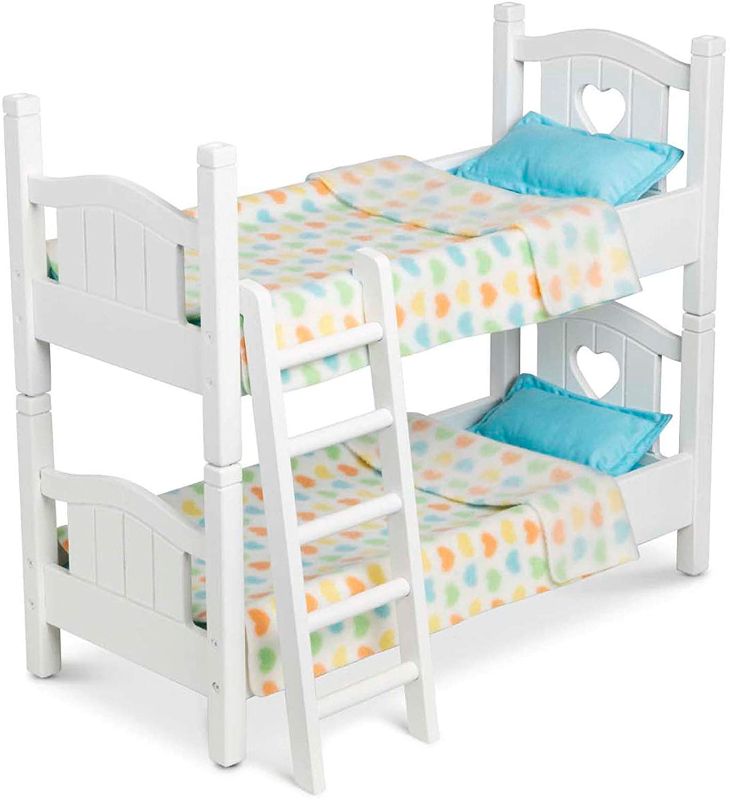 Photo 1 of Melissa & Doug Mine to Love Wooden Play Bunk Bed for Dolls-Stuffed Animals - White (2 Beds, 17.4”H x 9.1”W x 20.7”L Assembled and Stacked)