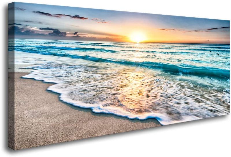 Photo 1 of Baisuart S02250 Canvas Prints Wall Art Beach Sunset Ocean Waves Nature Pictures Stretched Canvas Wooden Framed for living Room Bedroom and Office 24" x 35"