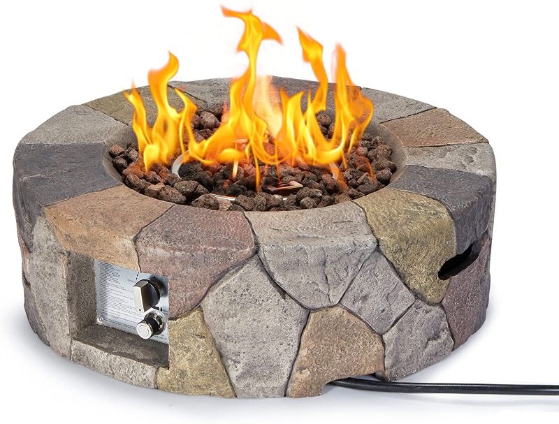 Photo 1 of AVAWING Gas Fire Pit, 28 Inch 40,000 BTU Outdoor Propane Fire Table w/ Lava Rocks, Weather-Resistant Pit Cover, Patio Fire Pit w/Natural Stone, Cyan & Grey