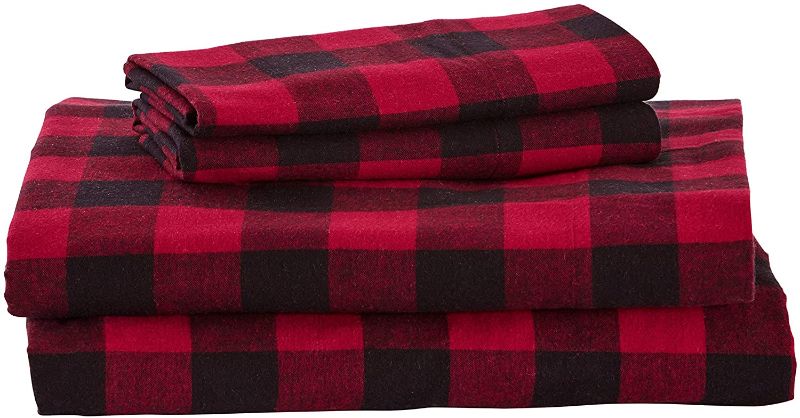 Photo 1 of Amazon Brand – Stone & Beam Rustic Buffalo Check Flannel Bed Sheet Set, Queen, Red and Black