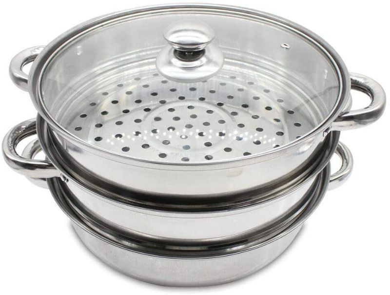 Photo 1 of 3 Tier Stainless Steel Steamer Set 28cm/11" Cooker Cookware Stackable Steam Pot Sauce Pot Multi-layer Boiler with Glass Lid Multi-purpose Suit Cookware Dishwasher Safe For Heating and Cooking Food
