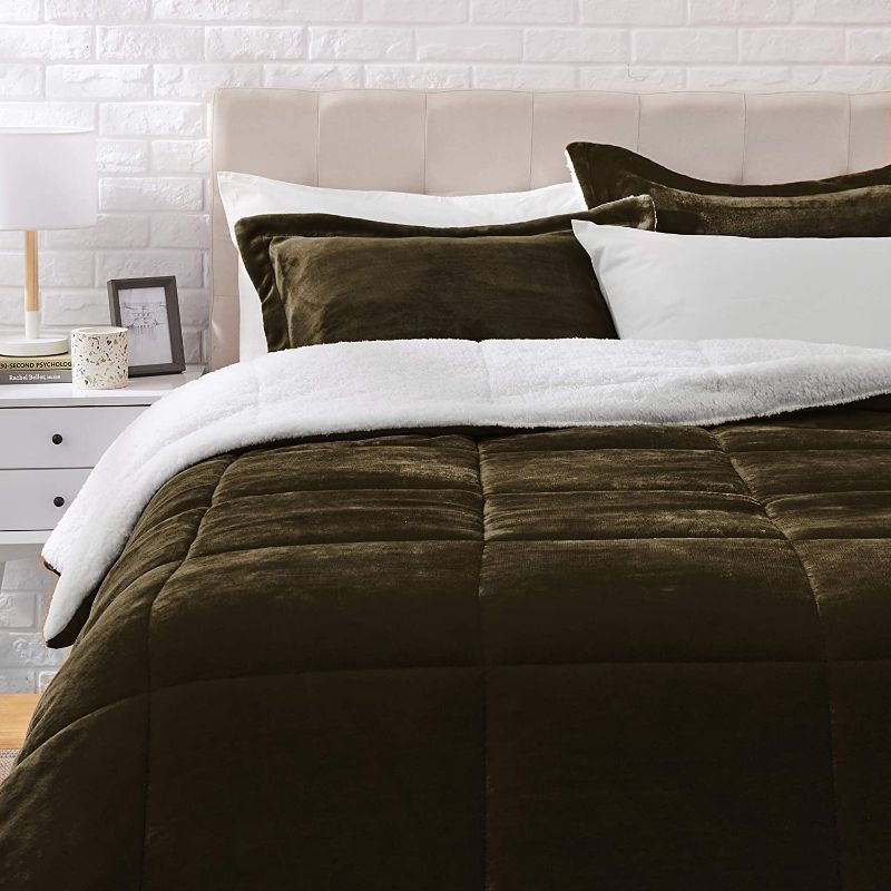 Photo 1 of Amazon Basics Ultra-Soft Micromink Sherpa Comforter Bed Set - Chocolate, Full/Queen
