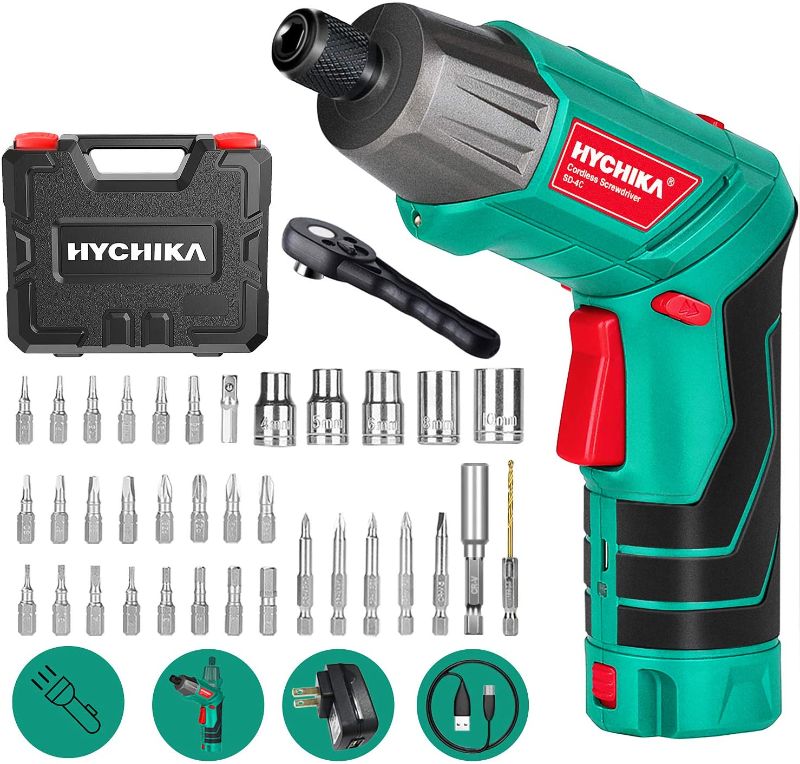 Photo 1 of Cordless Screwdriver 6 N.m, HYCHIKA 3.6V 2.0Ah Electric Screwdriver Rechargeable Screw Gun & Bit Set, Front LED and Rear Flashlight, Ratchet Wrench, DC Charging with USB Cable, 36pcs Accessories
