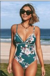 Photo 1 of Green Floral Lace Up One Piece Swimsuit Small
