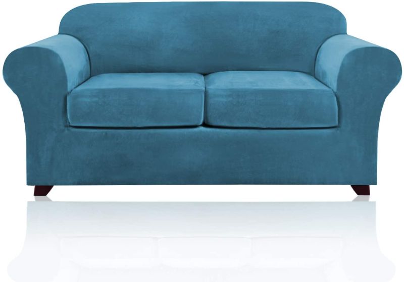 Photo 1 of 3 Pieces Sofa Covers Stretch Velvet Couch Covers for 2 Cushion Sofa Slipcovers Soft Sofa Slip Covers with 2 Non Slip Straps Furniture Covers with 2 Individual Seat Cushion Covers (Medium, Blue)
