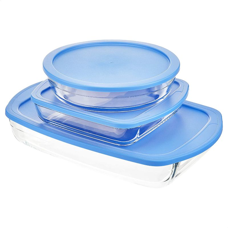 Photo 1 of Amazon Basics Oven Safe Glass Baking and Food Storage Dish Set with BPA-Free Lids, Set of 3, Rectangle, Square and Round
