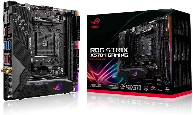 Photo 1 of ASUS ROG Strix X570-I Gaming, X570 Mini-ITX Gaming Motherboard, AMD Ryzen 3950x with PCIe 4.0, WiFi 6 (802.11ax), Intel Gigabit Ethernet, SATA 6Gb/s
