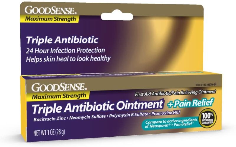 Photo 1 of BOX OF 100!!! GoodSense Maximum Strength Triple Antibiotic Ointment plus Pain Relief, Soothes Painful Cuts, Scrapes, and Burns, While Preventing Infection, 1 Ounce
BB 01 2022