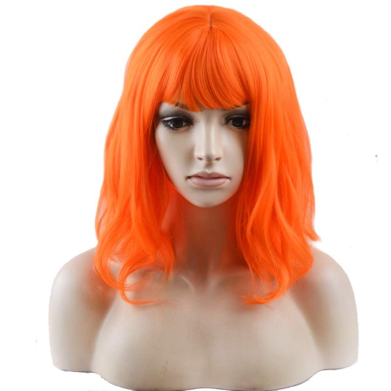 Photo 1 of BERON 14 Inches Orange Wig Short Curly Wig Women Girl's Synthetic Wig Orange Wig with Bangs Wig Cap Included
