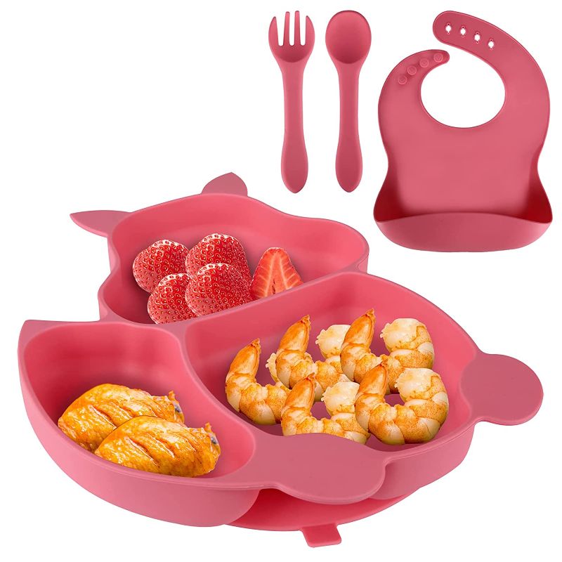 Photo 1 of Baby Feeding Set Pink Silicone Suction Plate Squirrel Shape Self Feeding Training Stay Put Plate Soft Spoon Fork Adjustable Bib, Toddler Dish Kit, Microwave Dishwasher Safe
