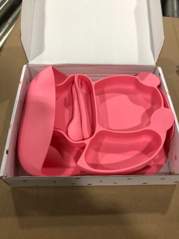 Photo 2 of Baby Feeding Set Pink Silicone Suction Plate Squirrel Shape Self Feeding Training Stay Put Plate Soft Spoon Fork Adjustable Bib, Toddler Dish Kit, Microwave Dishwasher Safe
