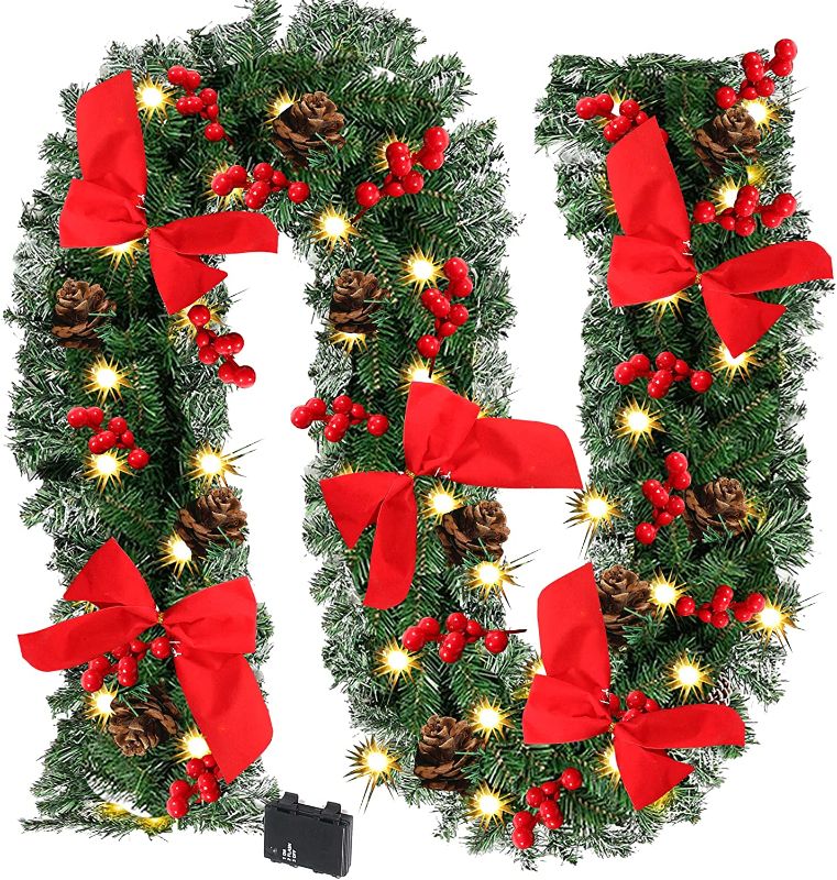 Photo 1 of Yosayd Christmas Garland with Lights, 9 Ft Prelit Garland with 50 LED Lights Outdoor Christmas Garland for Mantle with Pine Cones/Red Berries Garland Christmas Decorations
