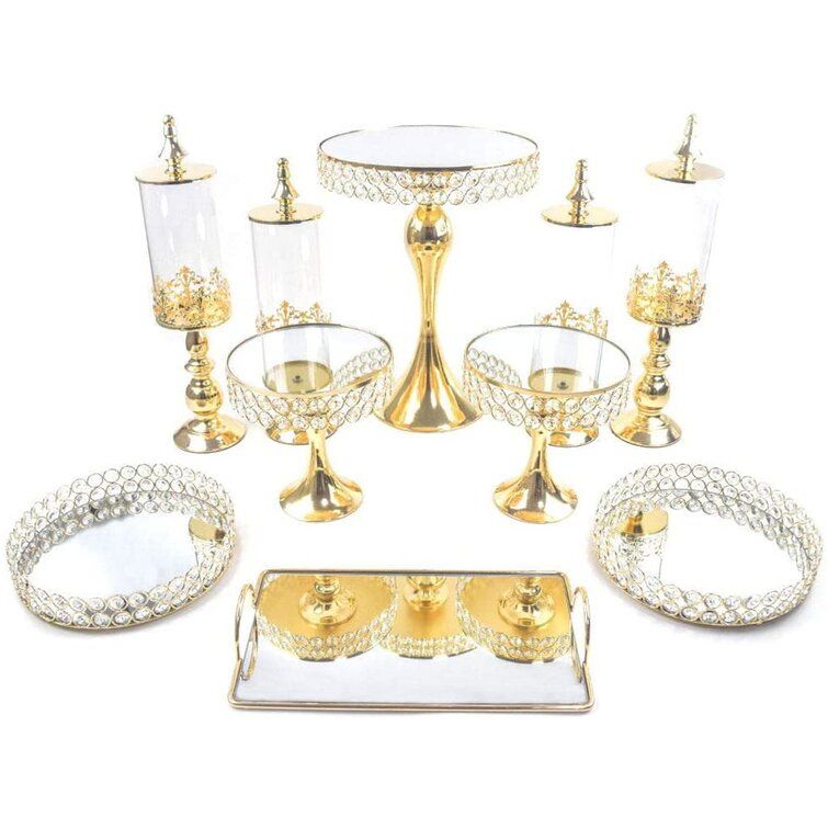 Photo 1 of 10 Piece Cake Stand Wedding Table Crystal Gold Color Plating Mirror Luxury Crystal Cupcake Stands Metal Cake Holder For Wedding Birthday Baby Party Dessert Cupcake Pedestal Display
