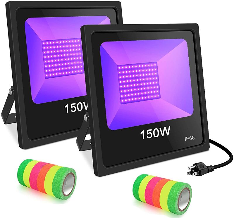 Photo 1 of 150W LED UV Black Light 2 Pack, LED Blacklight with Plug (10 ft Power Cord) IP66 Ultraviolet Floodlight Stage Lighting for Grow Christmas Party DJ Disco, Glow in The Dark with Fluorescent Tape
