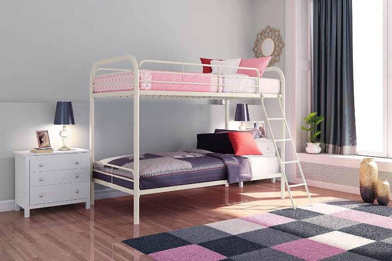 Photo 1 of DHP Twin-Over-Twin Bunk Bed with Metal Frame and Ladder, Space-Saving Design, White
