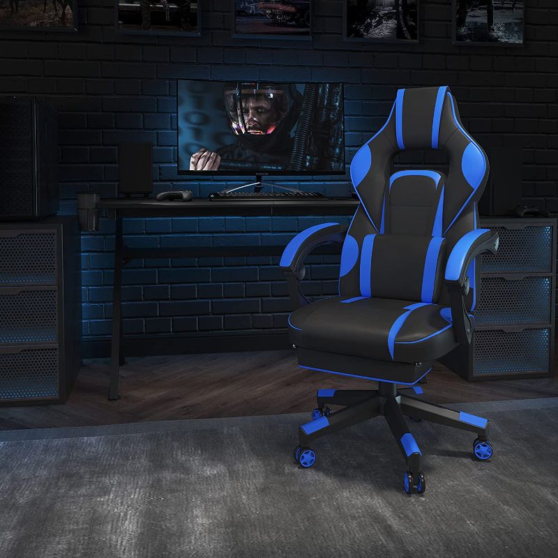 Photo 1 of Flash Furniture X40 Gaming Chair Racing Ergonomic Computer Chair with Fully Reclining Back/Arms, Slide-Out Footrest, Massaging Lumbar - Black/Blue
