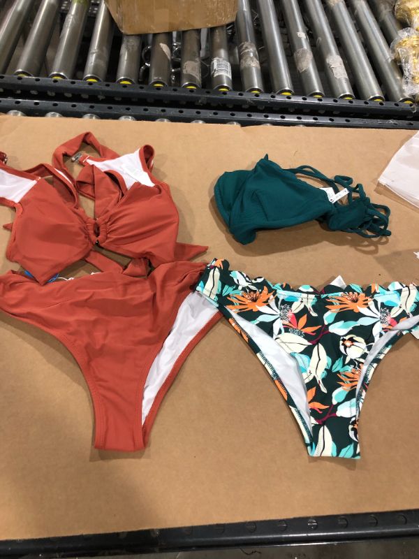 Photo 3 of Burnt Orange Stylish O-Ring Bikini AND 
Green Scalloped Edge V-Neck Printed Bottom Bikini 
BOTH MEDIUM 
