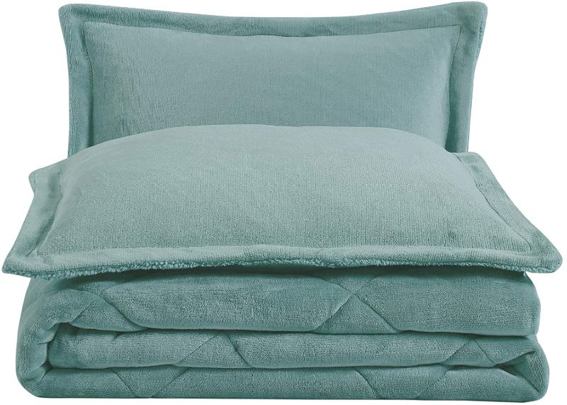 Photo 1 of Chezmoi Collection 3-Piece Super Soft Micromink Sherpa Solid Reversible Down Alternative Comforter Set (Queen, Spa Blue)

