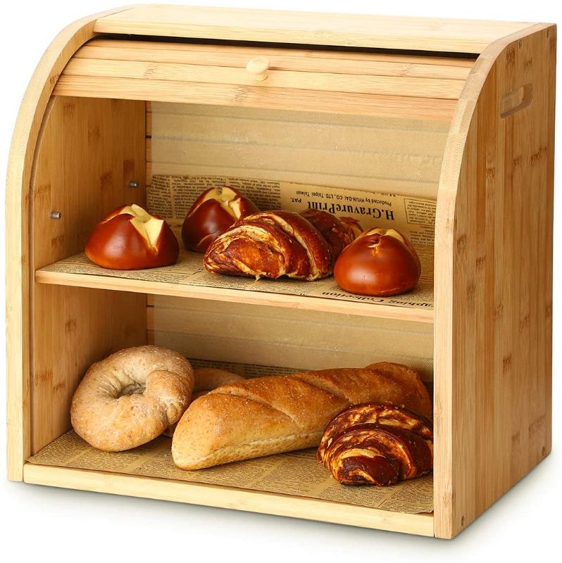 Photo 1 of Bread Box, G.a HOMEFAVOR 2 Layer Bamboo Bread Boxes for Kitchen Food Storage, Large Capacity Bread Keeper Roll Top with Removable Layer, 15" x 9.8" x 14.2", 15 mm Thickness (Self-assembly)
