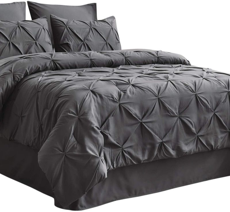 Photo 1 of Bedsure Dark Grey Comforter Set - 8 Pieces Pintuck Bed in A Bag Queen, Dark Grey Queen Bed Set with Comforters, Sheets, Pillowcases & Shams