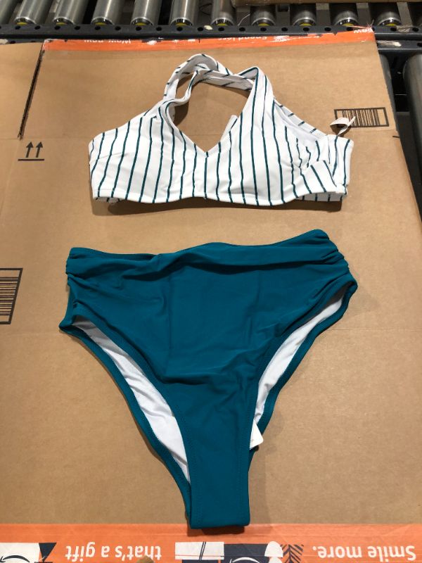 Photo 2 of Cupshe Teal Solid And Striped High Waisted Bikini Medium 
 