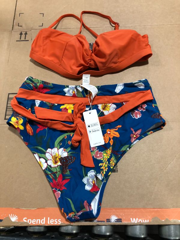 Photo 2 of Cupshe SEASELFIE Sexy Orange and Floral Twist High-wasit Bikini Sets Swimsuit Two Pieces Swimwear Women 2021 Summer Beach Bathing Suit Large 
