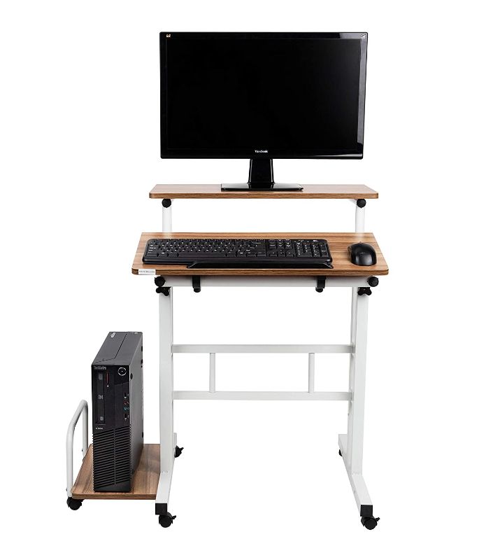 Photo 1 of Mind Reader Mobile Sitting Standing Desk Rolling Reversible Home Office Laptop Workstation with Side Storage, Locking Wheels, Large, Oak