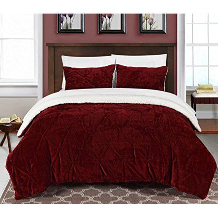 Photo 1 of Chic Home 3 Piece Josepha Pinch Pleated Ruffled & Pintuck Sherpa Lined Comforter Set, Queen, Burgundy