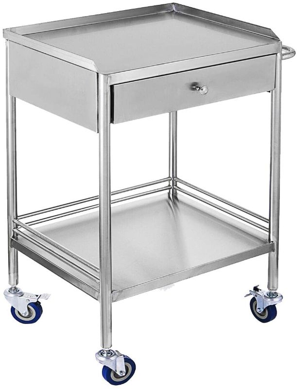 Photo 1 of 2 Layers Household Utility Carts, Stainless Steel Lab Cart Mobile Trolley Serving Equipment with Drawers and Silent Omnidirectional Wheel (Single Drawer)