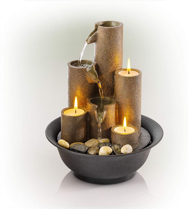 Photo 1 of Alpine Corporation WCT202 Tiered Column Tabletop Fountain w/ 3 Candles, 11 Inch Tall, Brown