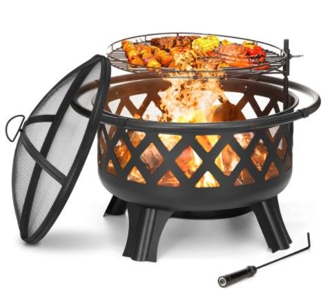 Photo 1 of 30" Fire Pit Patio Fire Steel BBQ Grill Bowl with Mesh Spark Screen Cover Log Grate