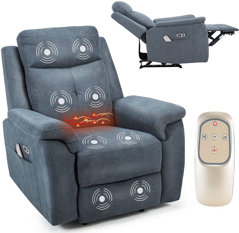 Photo 1 of AVAWING Electric Massage Recliner Chair w/Wireless Remote Control, Massage Heated Vibration Sofa w/Double Side Pockets & USB Charge Port, Home Fabric Microfiber Recliner for Living Room, Blue Grey